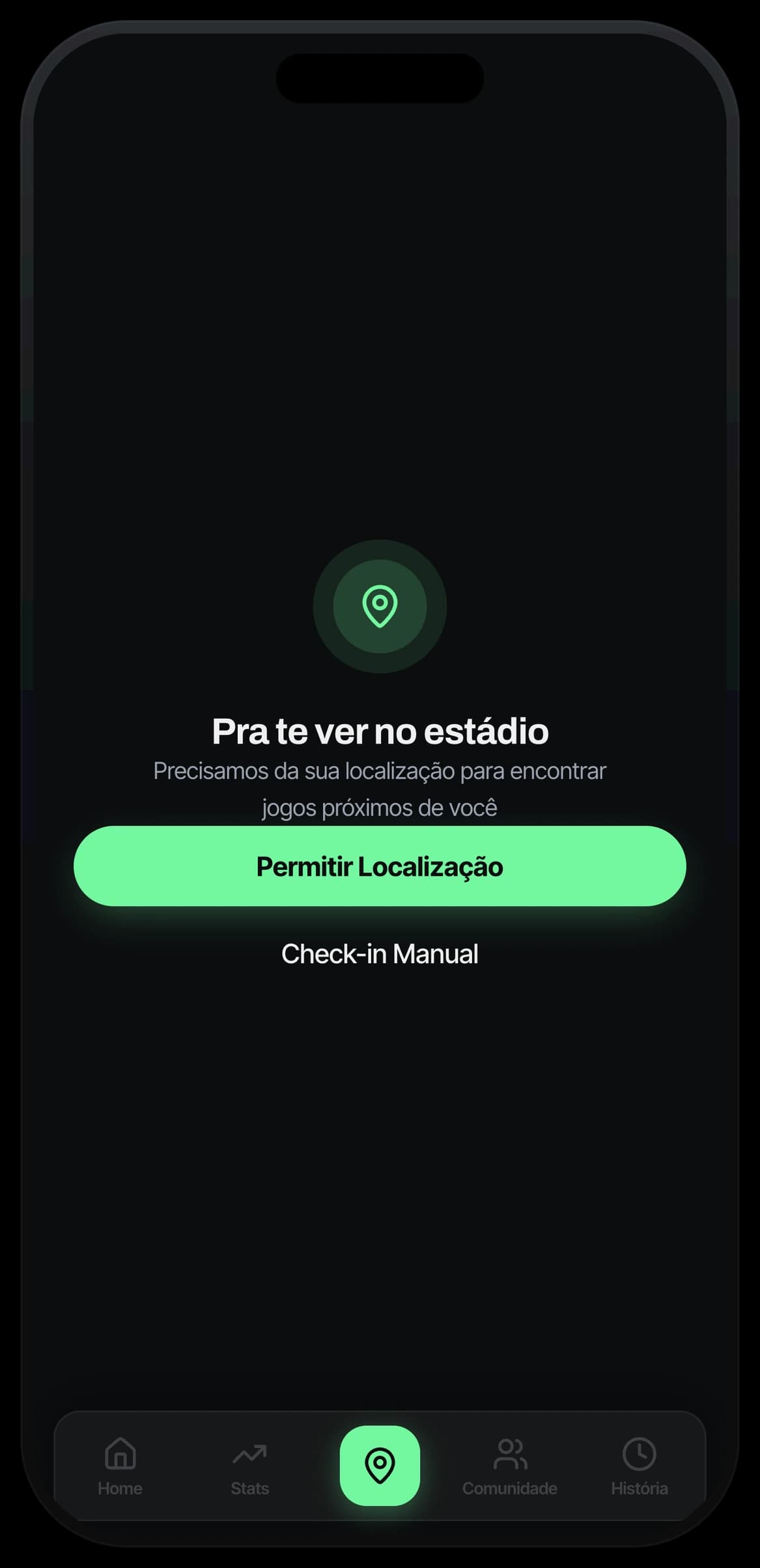Tela de check-in (Permitir Localização) do app Fanory