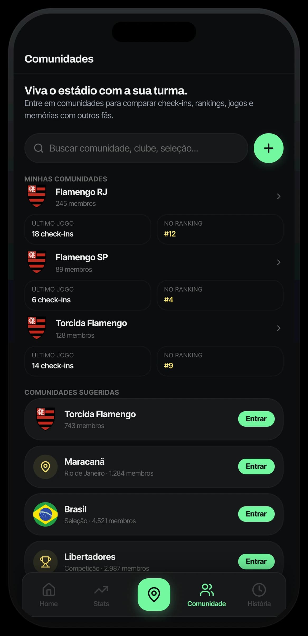 Tela de Comunidades do app Fanory