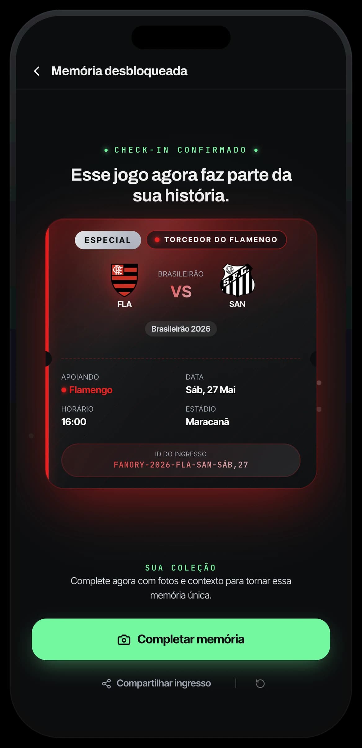Tela do Ingresso Digital do app Fanory