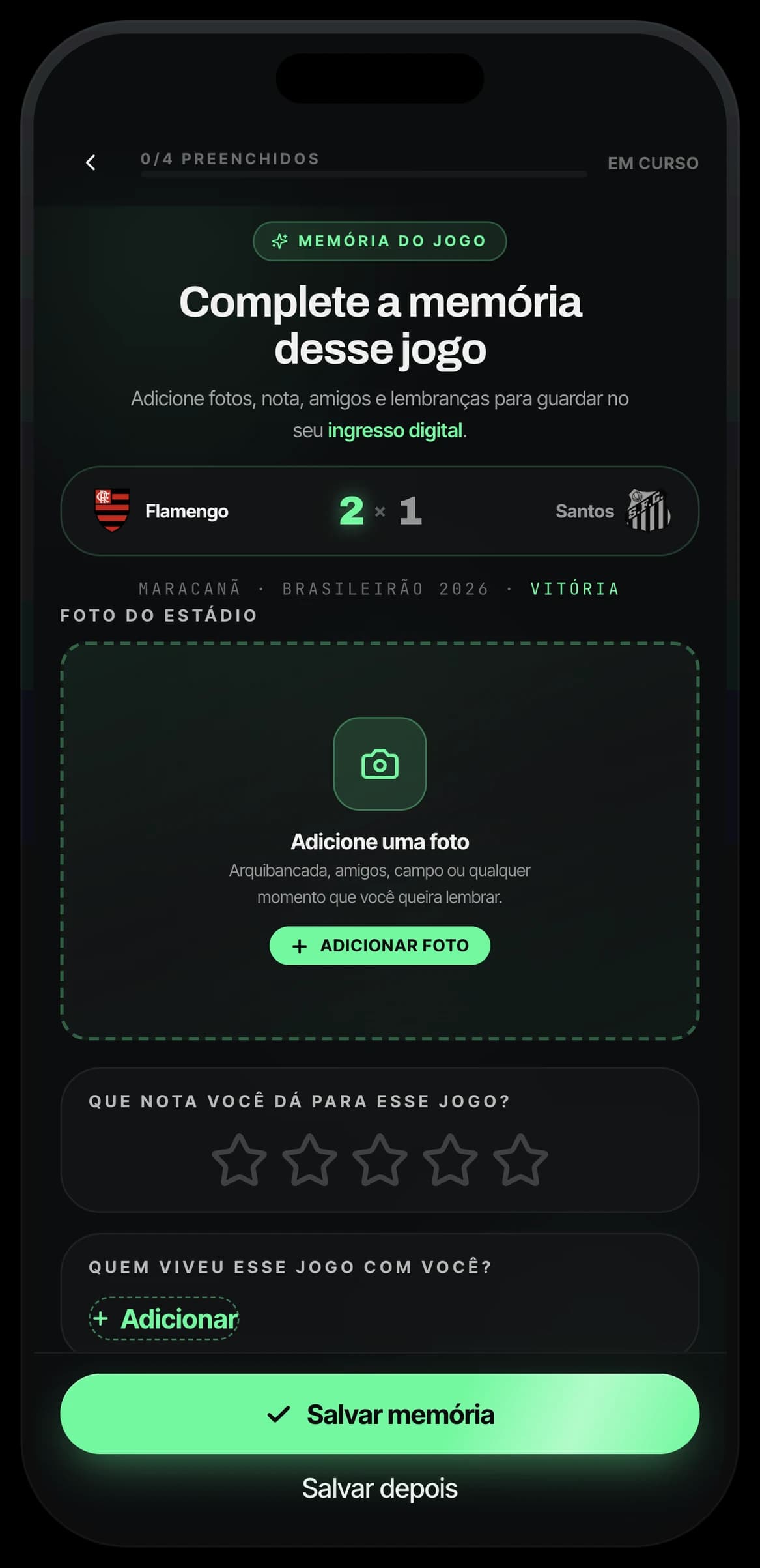Tela de Completar Memória do app Fanory