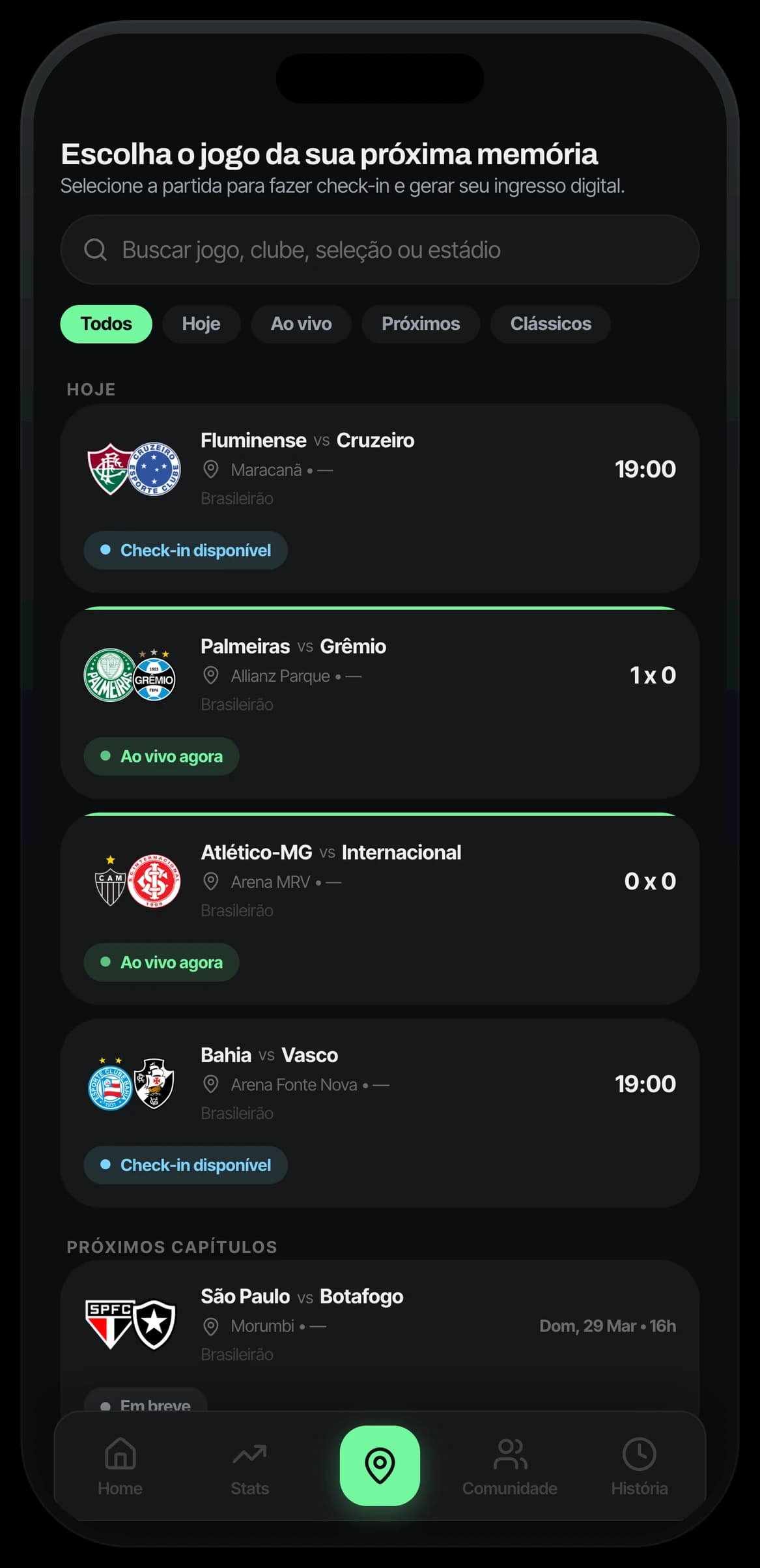 Tela de seleção de jogo no app Fanory