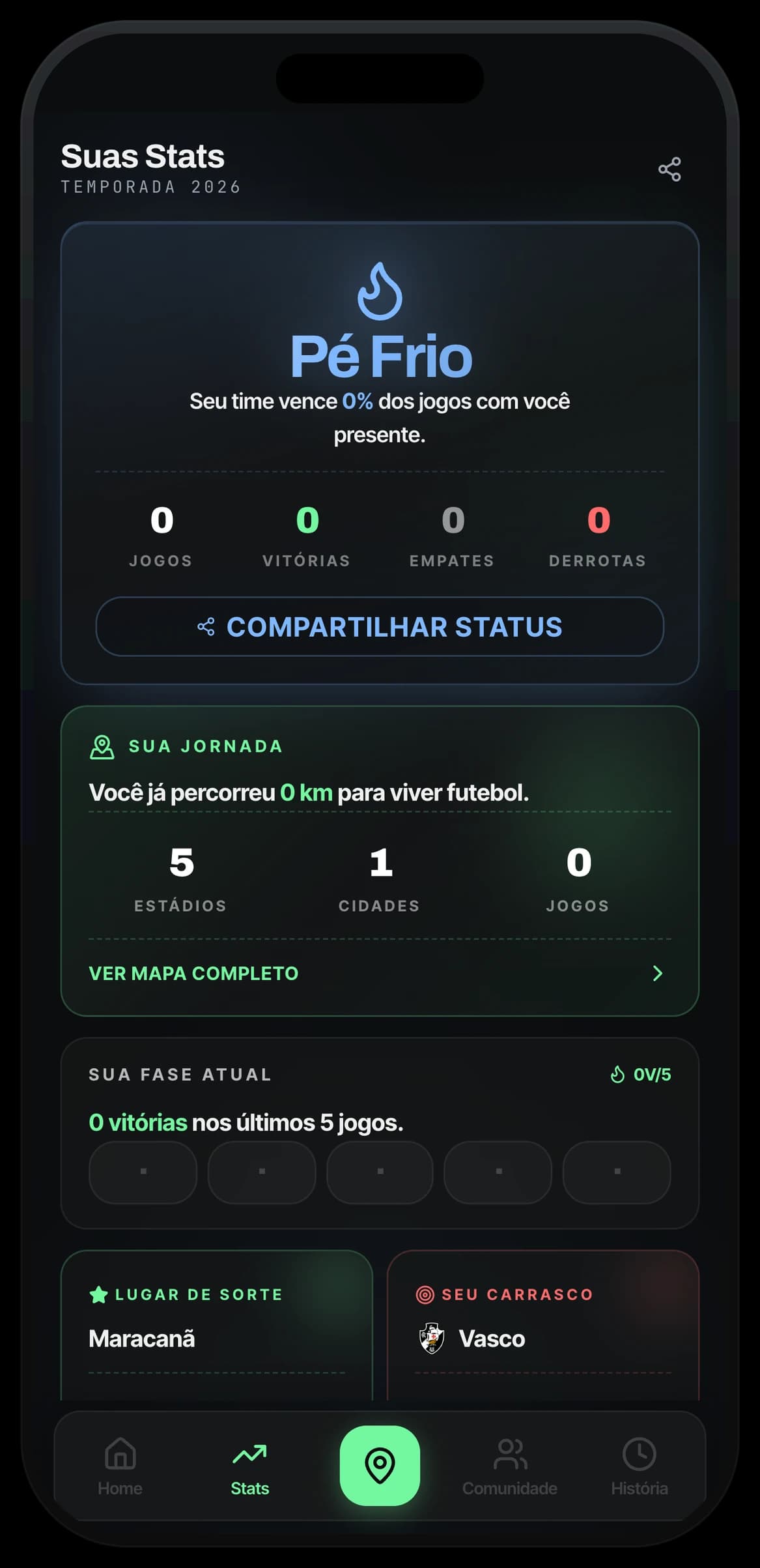 Tela de Stats do torcedor no app Fanory